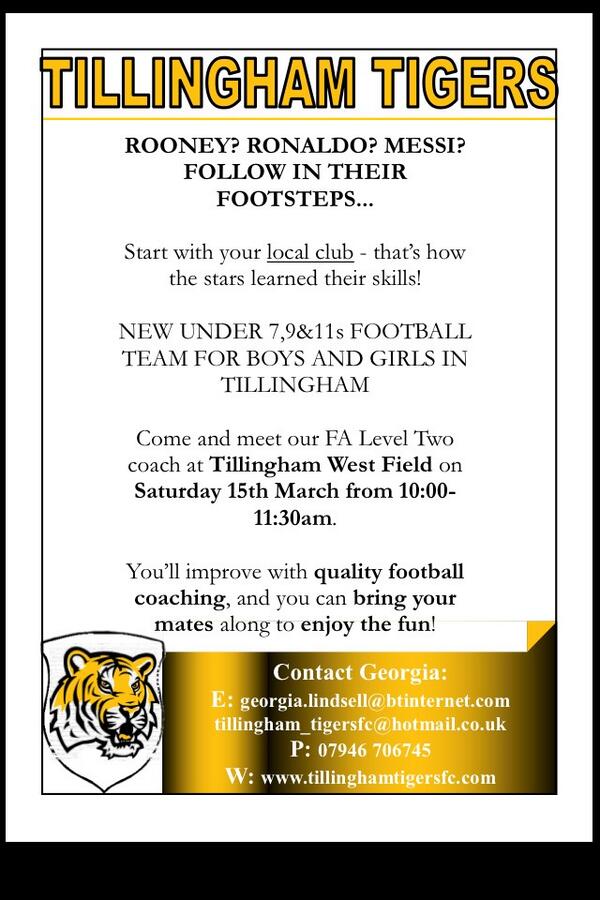 Tillingham Tigers football training confirmed. Please bring your children along to this new football club! Please RT
