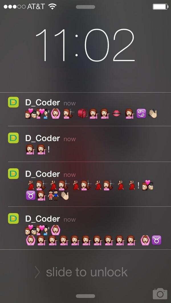 D_Coder1's tweet photo. ππͺππ©π»I #love seeing my #iphone screen full of #emoji-ed #d_coder messages!!ππͺππ©π» http://t.co/RHU9JUfj24