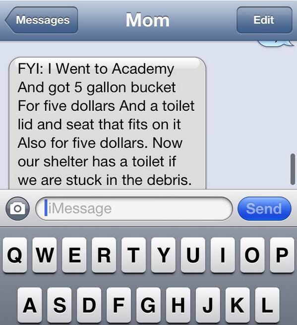 OklaWeathergirl's tweet photo. Well at least my Mom is planning ahead for storm season. @tornadopayne #CrazyThingsMyParentsSay #ParentsShouldntText http://t.co/LwiL2nJlL7