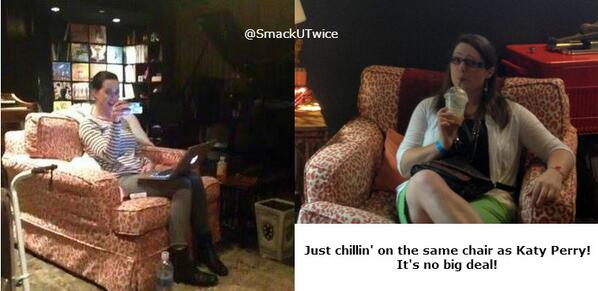 smackutwice's tweet photo. Chillin' on the same chair as @KatyPerry! No big deal! =D #KatyCats #PlaybackStudios @PlaybackStudio #SBstolemyheart http://t.co/pn9OAG6deo