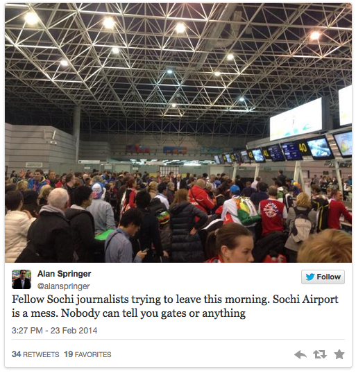 YahooSports's tweet photo. It wouldn't be the #Olympics without one last #SochiProblem; the scene at the airport: http://t.co/XKlh9TnOEj http://t.co/BhrKjMIBoR
