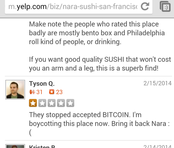 Stammy's tweet image. 1 star, they stopped accepting Bitcoin
#SFproblems