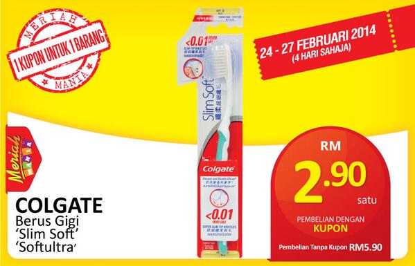 MydinMalaysia's tweet photo. #MeriahMania Senyuman berseri & yakin dgn berus gigi #colgate #SlimSoft pada RM2.90 dgn Kad #MERIAH @ #MYDIN @SabaFM http://t.co/WUDPMo9ZgR