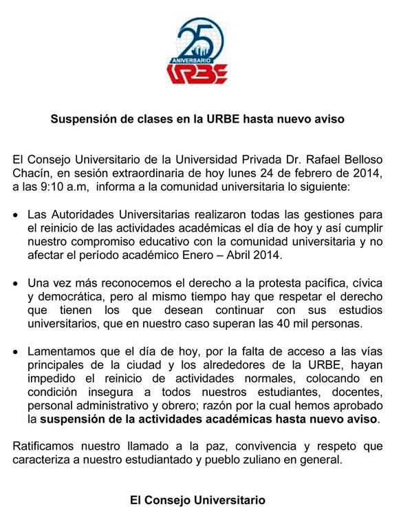 Suspensión de clases en la URBE hasta nuevo aviso.