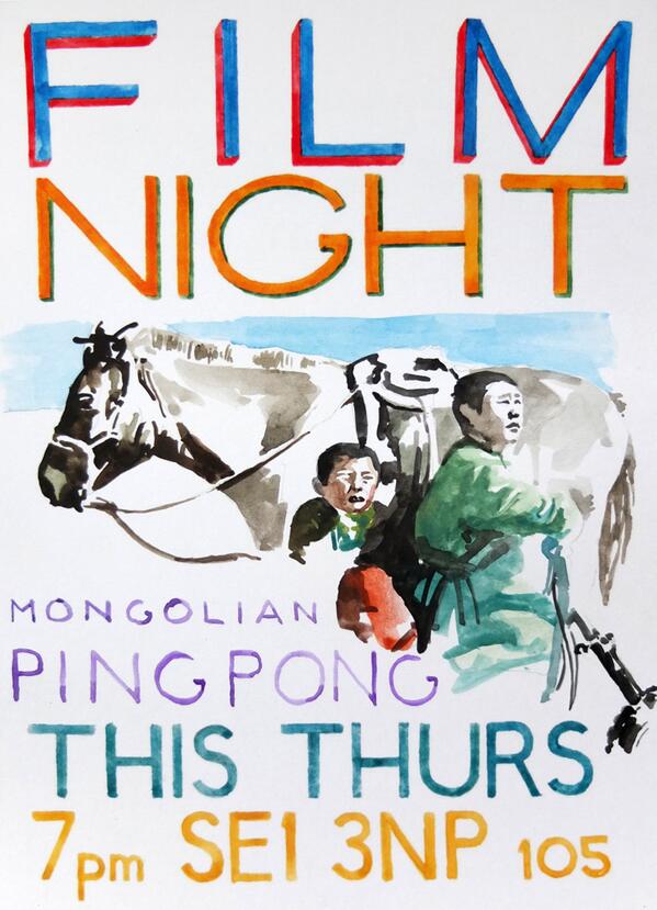 Film night <a href="/pedlarsworkshop/">The pedlars workshop</a> this Thursday - the brilliant 'Mongolian Ping Pong'. Free entry AND free popcorn woop