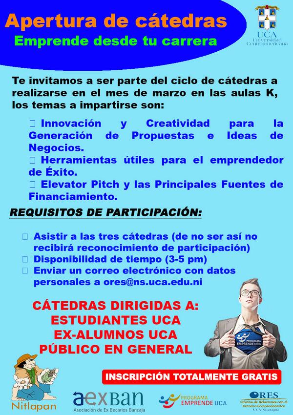 emprendeuca's tweet photo. INVITACIÓN PARA ALUMNOS UCA, EX ALUMNOS Y PÚBLICO EN GENERAL, APROVECHEN ESTA OPORTUNIDAD :) http://t.co/wiHno4SMFL