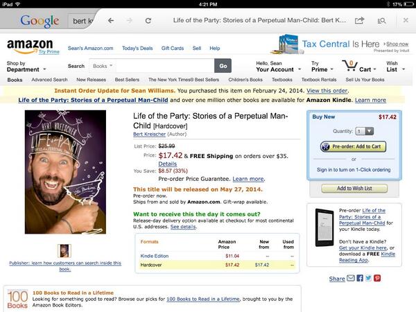TheRealSeanPo's tweet photo. @bertkreischer just ordered my copy! Looking forward to the laughs http://t.co/R6i3lGGJKr