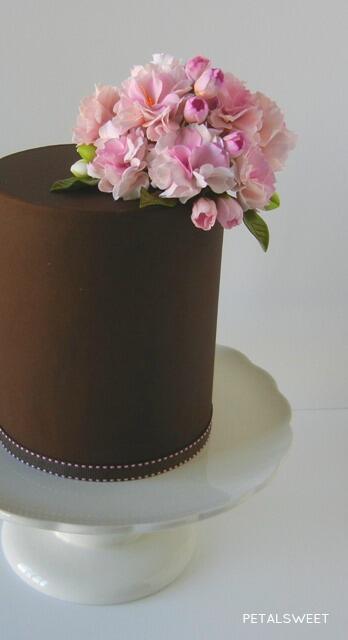 PetalsweetCakes's tweet photo. Chocolate and pink in a sophisticated way...fondant covered tier decorated with cherry blossoms. #anniversarycake http://t.co/oeMqX1WMi5