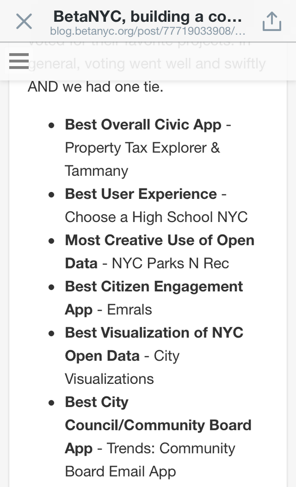 ReliefInsight's tweet photo. We partnered with 3 groups at #CodeAcrossNYC and two of them won! Congratulations @EmralsNYC and City Visualizations! http://t.co/8bd2BYBwTL