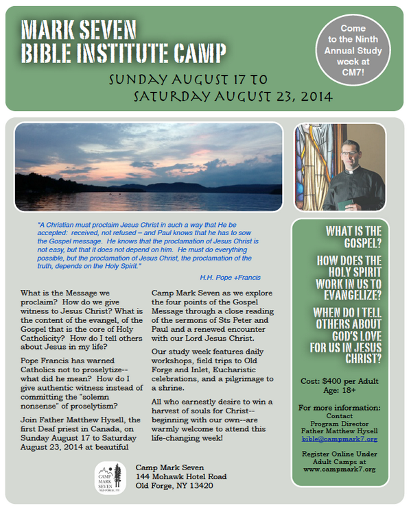 CampMarkSeven's tweet photo. Here is our flyer related to the Bible Institute Camp with Father Tom Coughlin and Father Matthew Hysell. http://t.co/NpVd5iy3WN