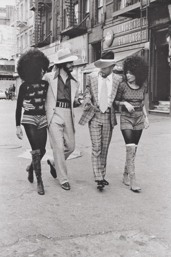 70's Style <a href="/HistoryInPics/">History Photographed</a> Two couples walk the streets of NYC; part of the "Harlem Couples" by Anthony Barboza 1970s.