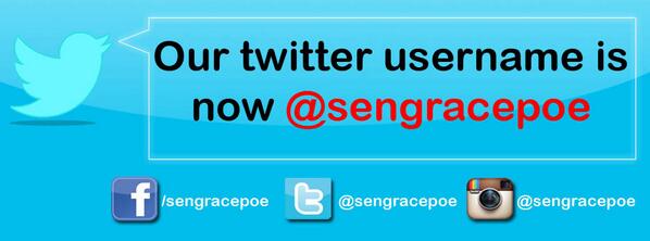SenGracePOE's tweet photo. We are now changing Senator Grace Poe's twitter username to @sengracepoe :) Feel free to tag us in your tweets! http://t.co/3uK2yZeQiF