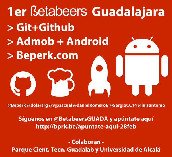 betabeersGUADA's tweet photo. 28/feb 1er Betabeers Guadalajara, Charlas Técnicas GIT, Publi en Apps y @Beperk Apúntate cc @UAHes @otriuah #bbGuada http://t.co/TRB57A8vDF