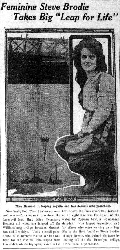 Limerick1914's tweet photo. 25th Feb 1914: Constance Bennett jumped from the Williamsburg Bridge...and survived #takeaparachute #andjump http://t.co/UooBMRH4il