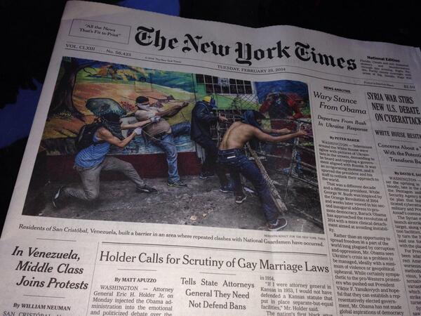 jorgeramosnews's tweet photo. La violencia en Venezuela es (por fin) portada en The New York Times/ Finally the NYT has Venezuela on page 1 http://t.co/rjvWlG51Xm
