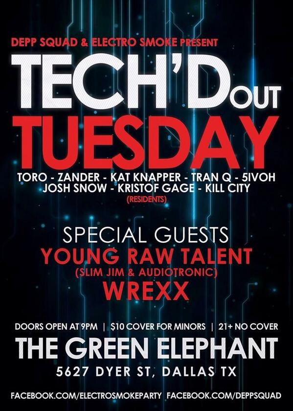 DeppSquadd's tweet photo. Everybody get out to the @GreenElephantTX tonight to party with ya dopest Djs!@KristofGage @Josh_Snow @Zander_Muzic_ http://t.co/iYZRngY2HG