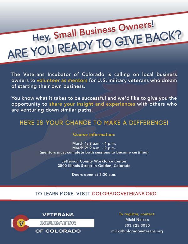 COVeterans's tweet photo. Help a #Colorado #veteran. Nonprofit seeks mentors. Training starts this week. http://t.co/jn3AOvVmjo http://t.co/MOInvta7Ks