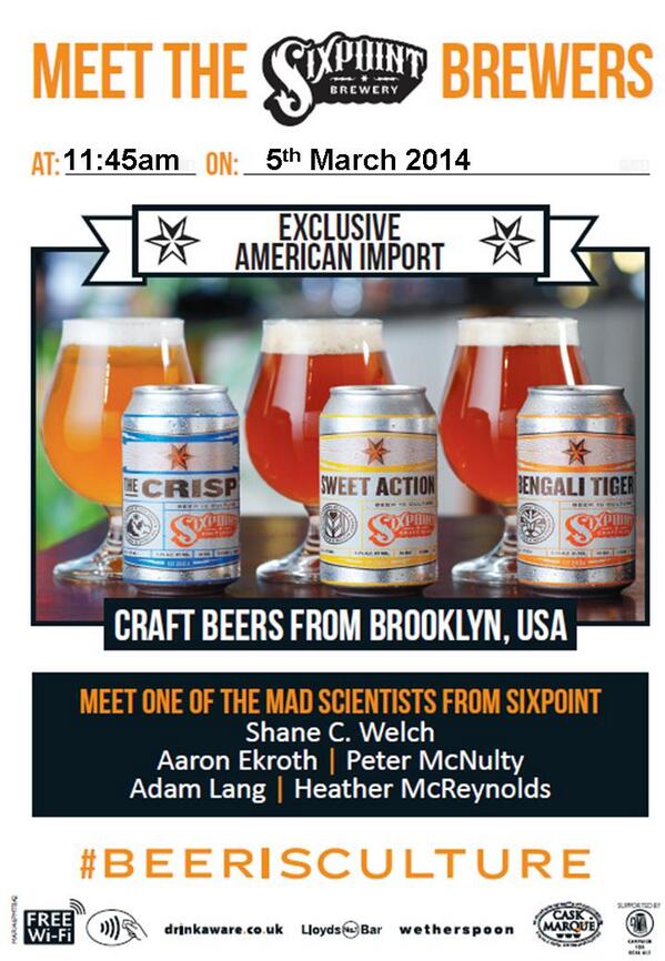 WetherspoonsB3's tweet image. Don&apos;t miss the great opportunity to meet one of the &quot;mad scientists&quot; from Sixpoint brewery! 5th of March 11:45am
