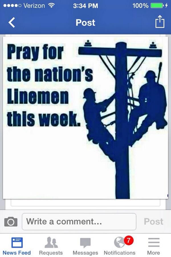 janicesue65's tweet photo. My son is a Lineman ..Dangerous job http://t.co/XFw86NfwXf
