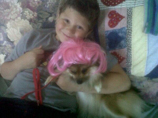janicesue65's tweet photo. My g-son Kohlson with our Pom . Her name is Ruby she passed 2-7-14 she is very missed she was a joy. Miss her much http://t.co/58dgvXhQNA