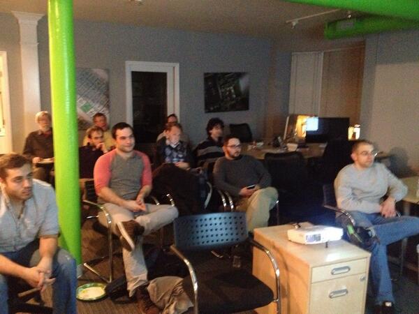 ClojureDC's tweet image. A roomful of Clojurists watching @ambrosebs present #typedclojure online