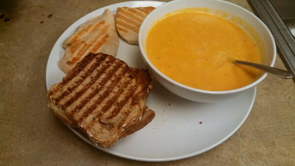 mcdowell_kate's tweet photo. Finally tried out the panini grill! Butternut squash soup, chicken and grilled Brie and pear sandwich. http://t.co/KpStwJPe6y