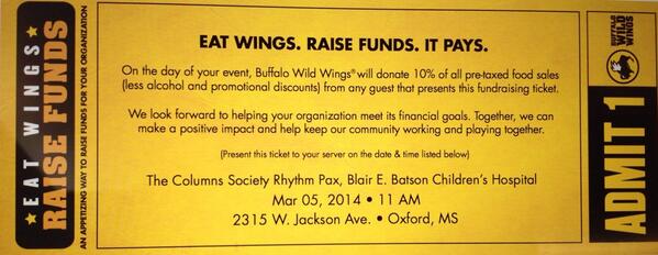 ColumnsSociety's tweet photo. Show the ticket below when you eat at BWW March 5, and a percentage of the proceeds will go to Rhythm Pax! http://t.co/PZI9fmaWAu