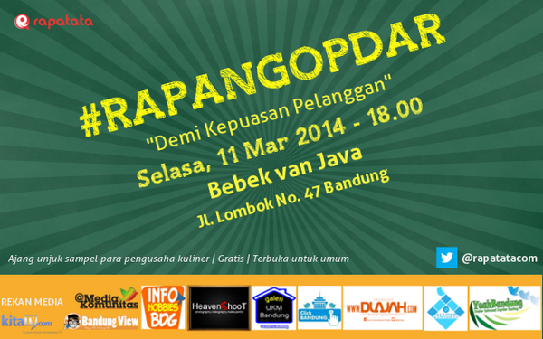 #rapangopdar ke-7 ada di @BebekVanJava, selasa 11 maret. Mampir ya! <a href="/DHCake/">DHCake&DapurDH</a> <a href="/tarikkumis/">Tarik Kumis</a> <a href="/pojoksambels/">pojok sambels</a> <a href="/creative_snack/">Stick sayur dan buah</a>