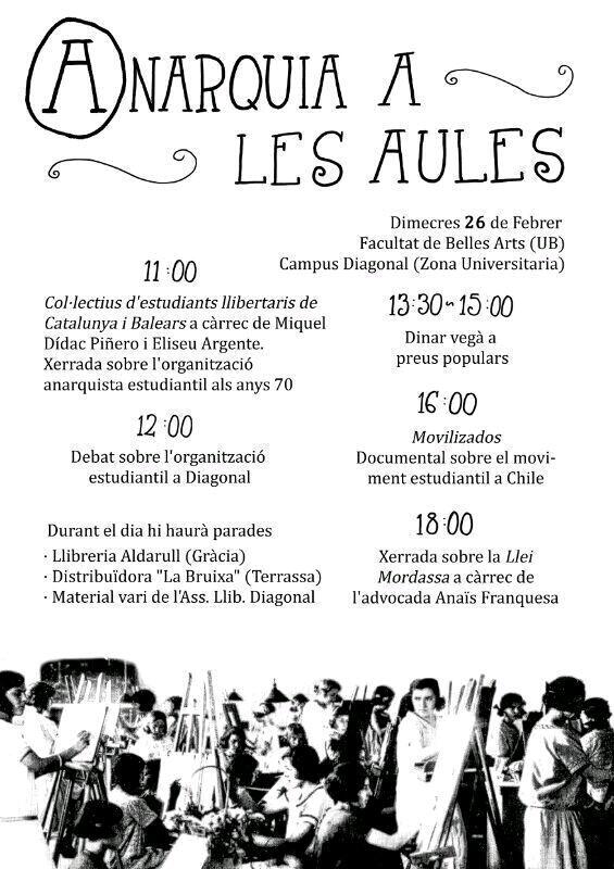 Avui #26F a partir de les 11h a #BellesArtsUB les companyes d'@AssLlibDiagonal organitzen 'Anarquia a les aules'. #UB