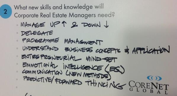 preOccupiedBlog's tweet image. What r the required skills for future #cre leader?  See pic of my table&apos;s thoughts.  
#corenetglobal #1Bigday #cbre