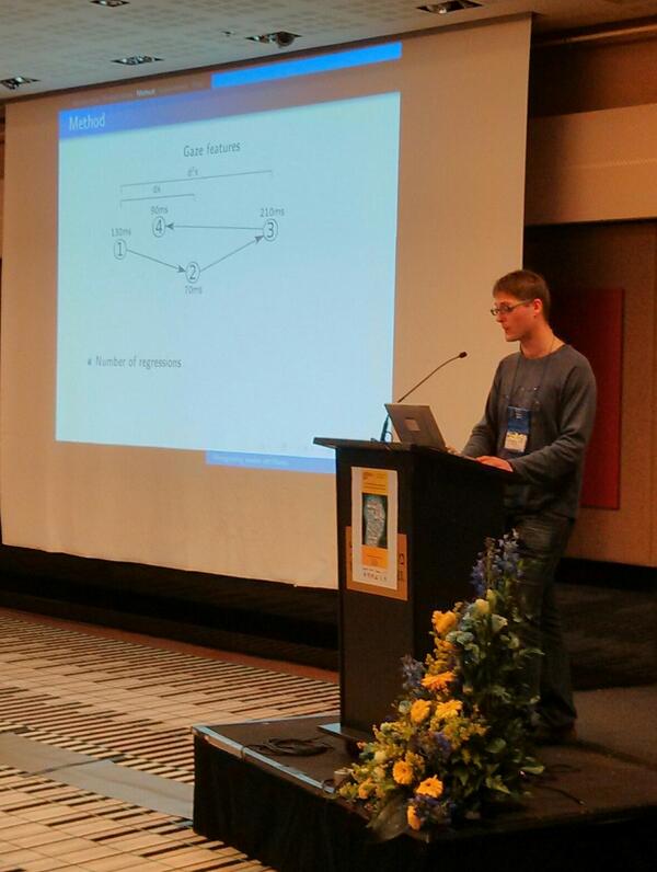 IUIConference's tweet photo. Measuring gaze to asses reading behaviour - Pascual Martínez-Gómez at #IUI2014 http://t.co/hMCAG0nj9p