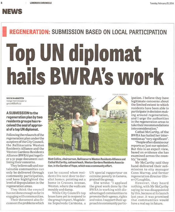 Delighted with the support from the UN. Disappointed with the muted response from Officials, Councillors &amp; TD's.