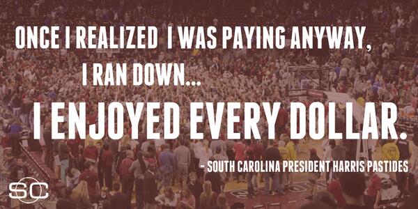 SportsCenter's tweet photo. South Carolina’s president didn't mind $25,000 court-storming fine after Gamecocks beat Kentucky. (via @thegamecock) http://t.co/AElDnbajvq
