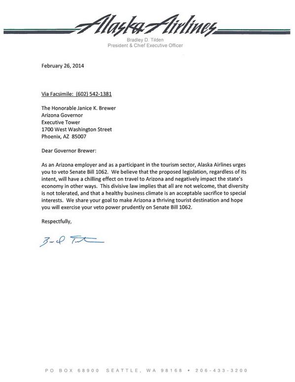 AlaskaAir's tweet photo. We stand with other business leaders in urging #Arizona Gov. Jan Brewer to veto #SB1062. - CEO Brad Tilden http://t.co/3GrjZDzx8Q