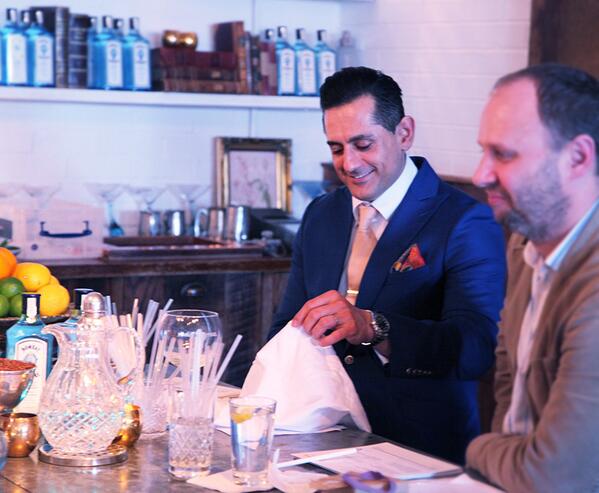 BombaySapphire's tweet photo. #MostImaginativeBartender judge Raj Nagra takes a peek at finalist Jumbles St Pierre of LAB's naughty garnish! http://t.co/swefCXWezP