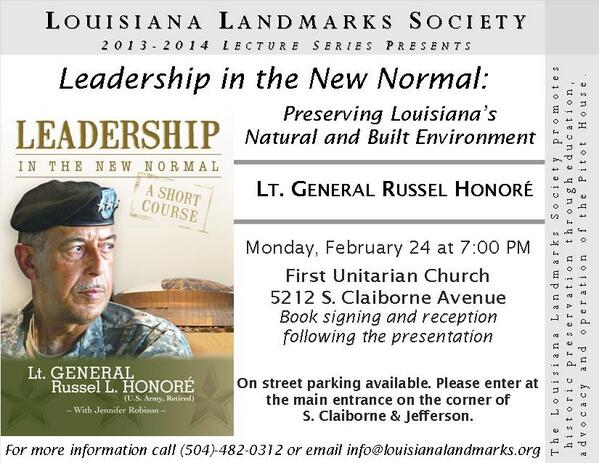 RestoreLa_Now's tweet photo. Leadership in the New Normal: A Short Course by @ltgrusselhonore Mon 2/24 @ 7pm. U don't want to miss it! #GreenARMY http://t.co/vm1s25m5wY