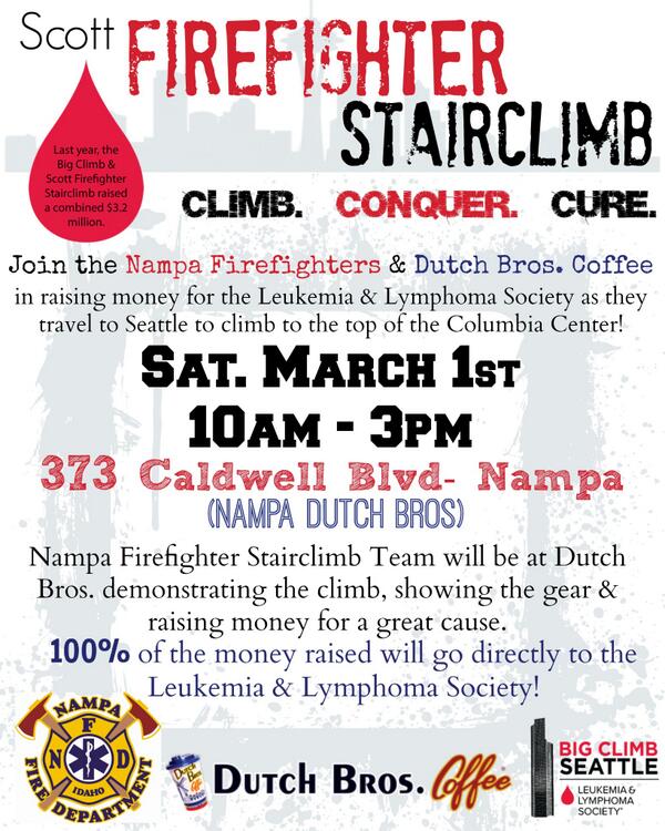 NampaFD's tweet photo. Join us @ Nampa Dutch Bros this Saturday! #nfd #dutchbros #scottfirefighterstairclimb http://t.co/Mk1GlaUNUX