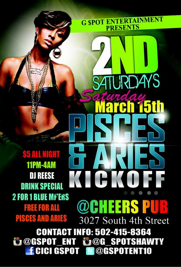 GSPOTENT09's tweet photo. March 15th come party with us ! At cheers pub all Pisces nd Aries are free all night ! Everyone else $5 all night ! http://t.co/wVIVocDN6k