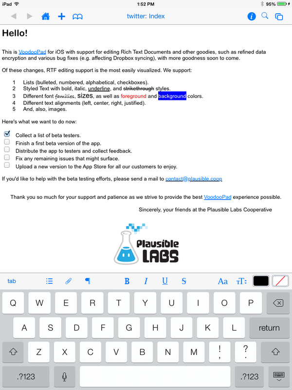 Want to test the next version of VoodooPad for iOS? Send an email to contact@plausible.coop to sign up!