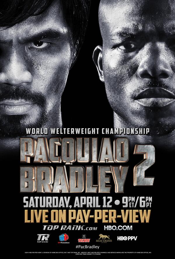 PatrickSportsTV's tweet photo. Poster: @MannyPacquiao vs @Timbradleyjr 2. #PacBradley @TooFred @trboxing @ScottGhertner @JasonMTang @danrafaelespn http://t.co/E8IyMRHXY8
