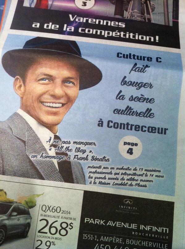 Culture__C's tweet photo. Il ne reste que quelques billets, faites vite!  #hommage #FrankSinatra http://t.co/p1q5hWgCJJ http://t.co/YyQmi2Zoek