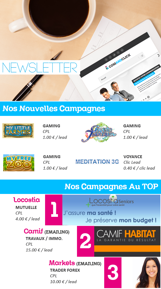 ComAndClick's tweet image. Retrouvez les dernières campagnes disponible sur notre plateforme. #affiliation #ecommunication #comandclick