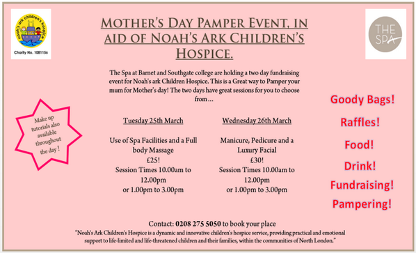 TheSpaTraining's tweet image. Mothers Day Pampering Event in aid of Noah's ark Children's Hospice! The Spa Barnet &amp;amp; Southgate College- 02082755050