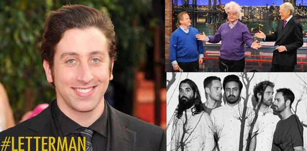 Letterman's tweet image. TONIGHT! Dave's all-new with #BigBangTheory's @SimonHelberg, @YoungTheGiant and Stupid Human Tricks. 11:35|10:35c.