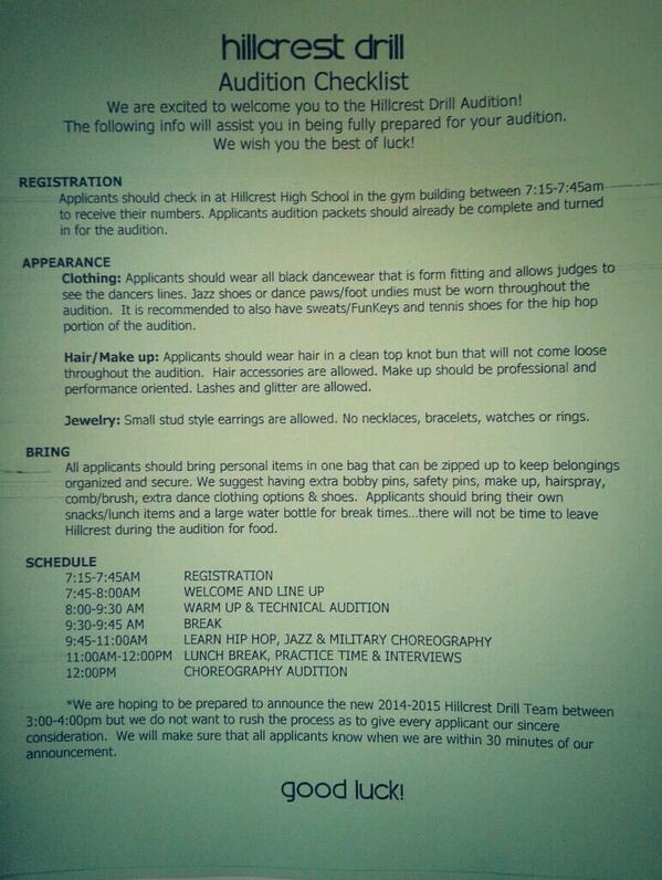 HillcrestDrill's tweet photo. HD Auditions are tomorrow! Make sure your packets are turned in by the end of school today and Good Luck to all! ♥ http://t.co/DoQvhcM5uM