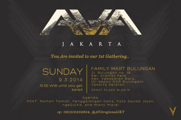 RT <a href="/AVARegionalJKT/">#JakartaDreamWalker</a>: Calling out the army! 1st Gathering AVA Jakarta. Mark your calendar please! cc: <a href="/AVAindo/">AVA Indonesia</a>