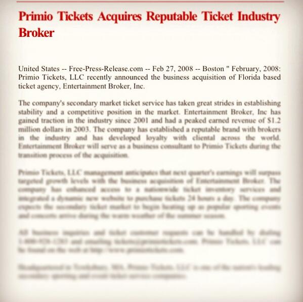 primiotickets's tweet photo. 6 years ago. #TBT @fpressrelease #PrimioTickets #EntertainmentBroker http://t.co/vclIHIQ78u