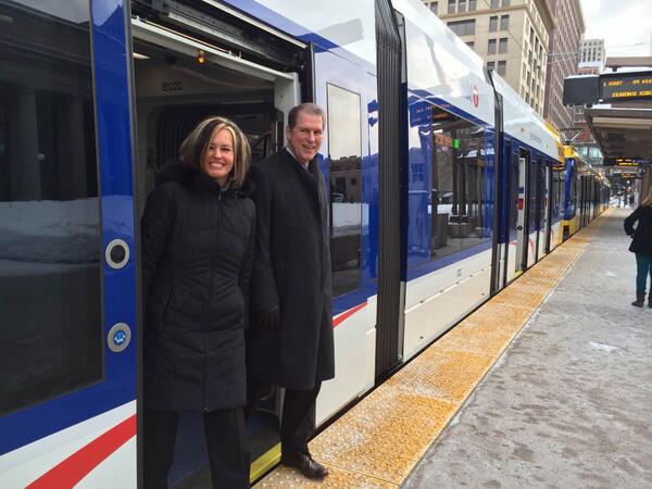 MplsChamber's tweet photo. Lisa &amp; @ToddChamberGuy among the first to ride the Green Line. Others can join them June 14th! http://t.co/0ADPrVG7eM