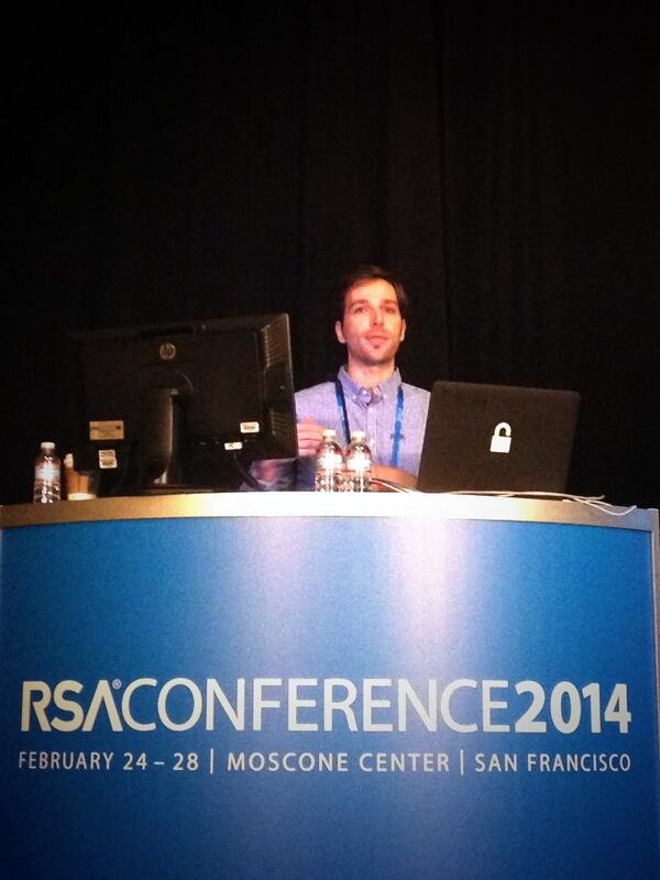 j_ayerbe's tweet image. @pwntester now addressing the #RSAC behind his @rootedcon branded laptop :-) brilliant demostration being shown