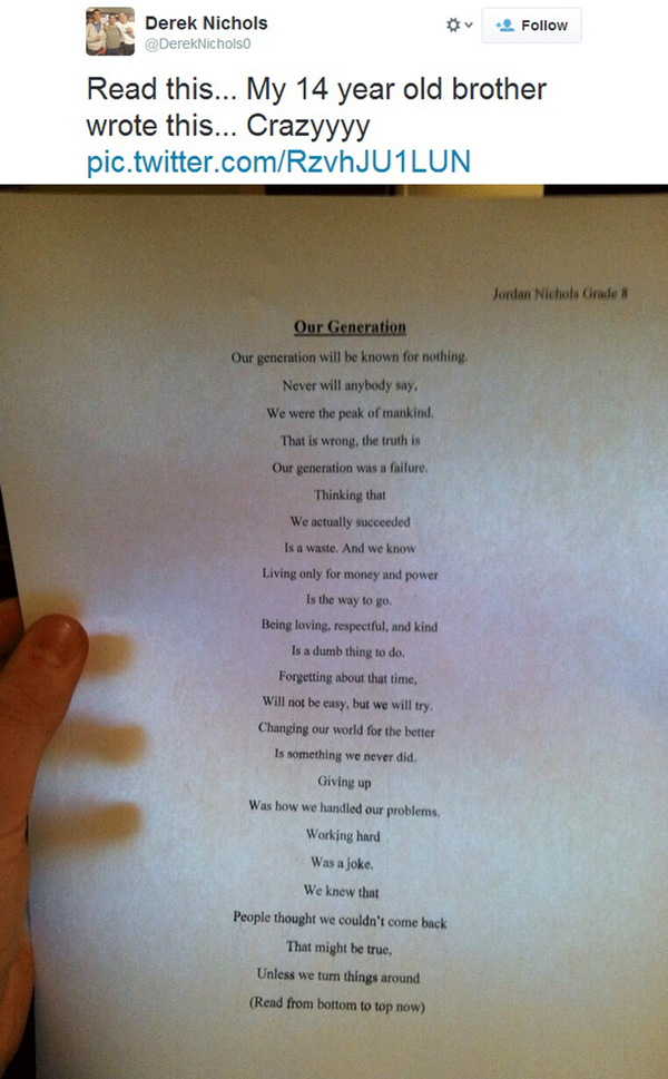 Independent's tweet photo. 14-year-old blows minds with deceptively simple poem http://t.co/3vSLrwMF1c http://t.co/nfJZIKKD5T